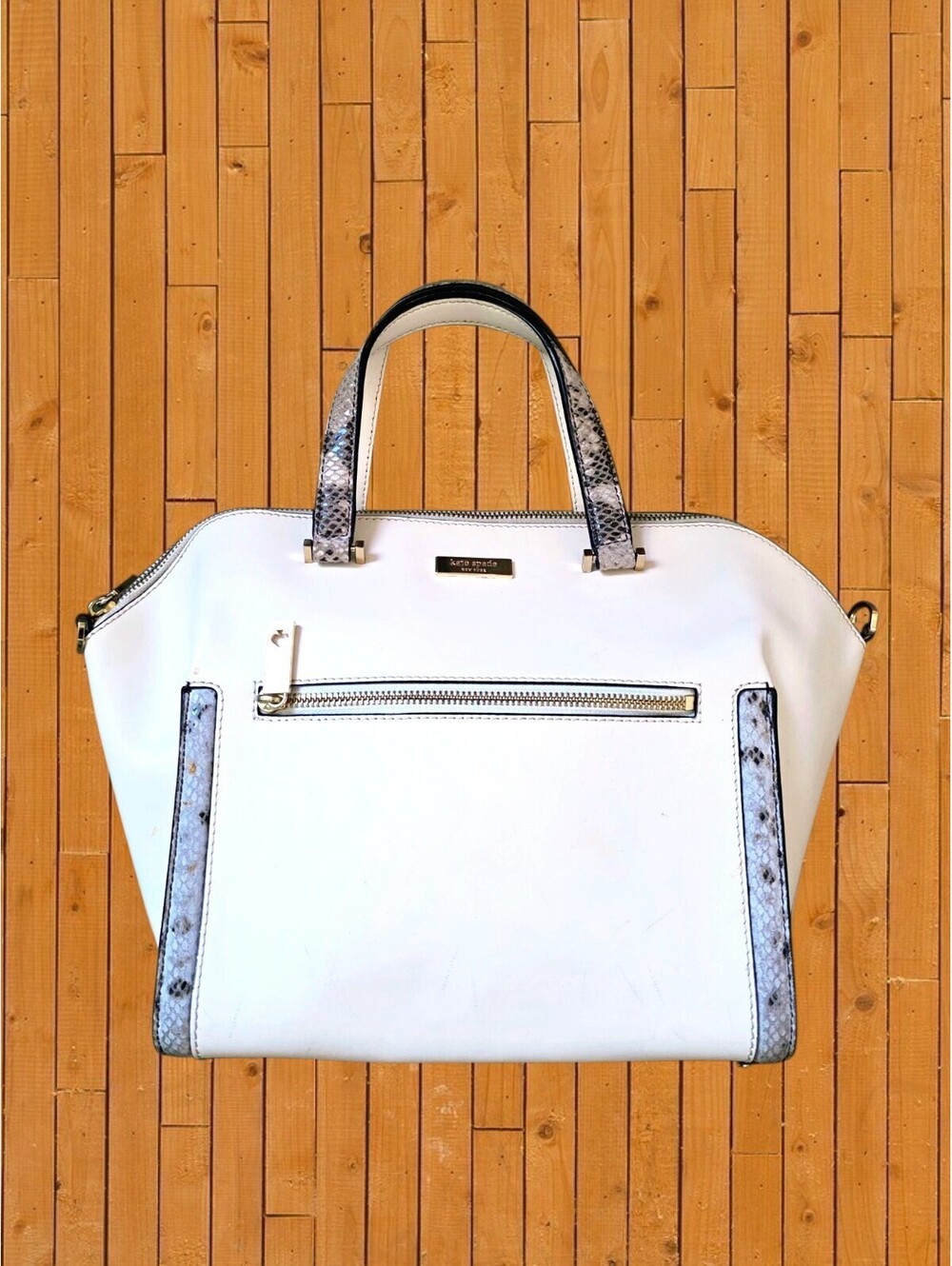 Kate Spade Parliament Square Savannah Cream Top-Handle Satchel with Snake-Trim